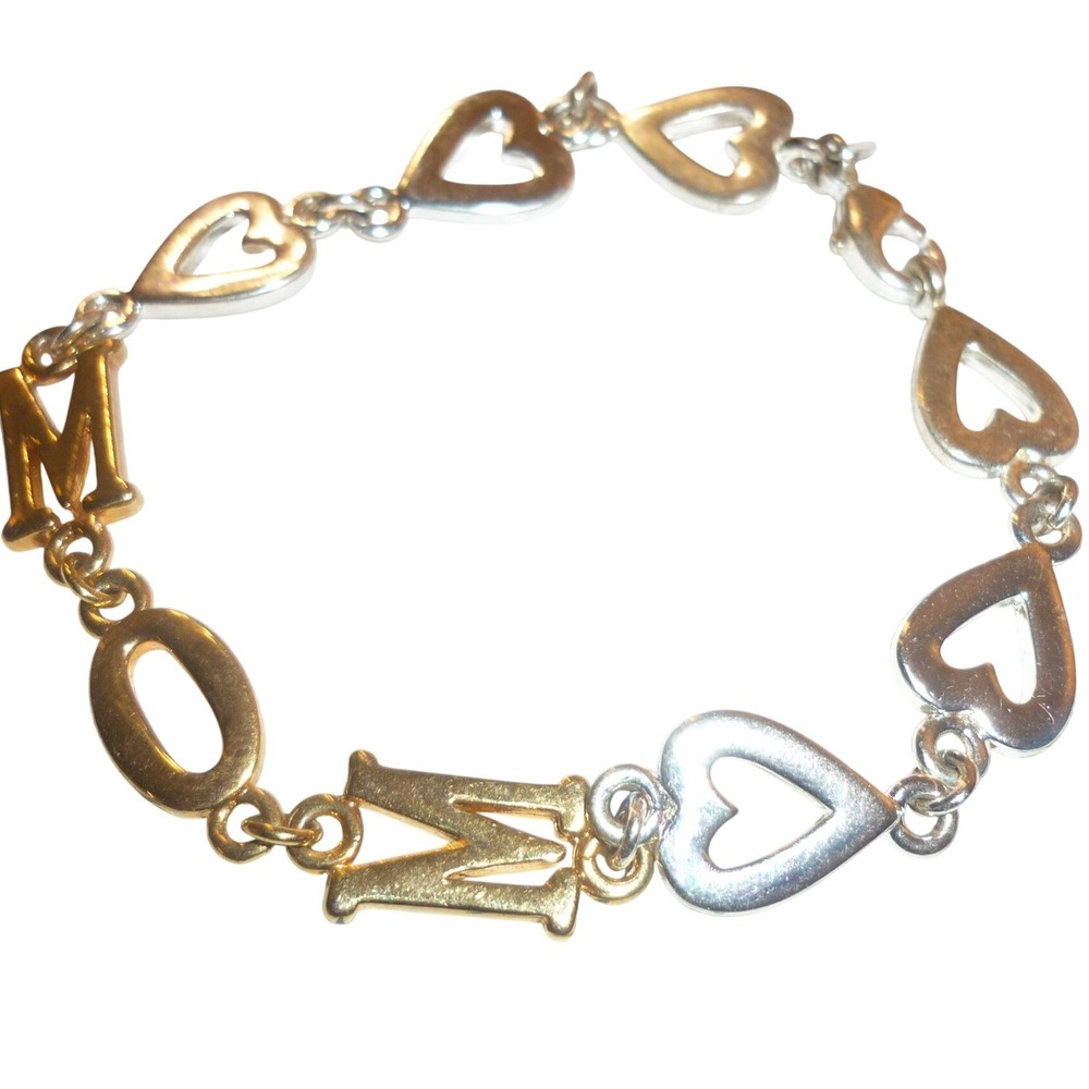 Two Tone Mom Heart Link Bracelet Silver Gold Tone Motherhood Gift 7.5 Inch